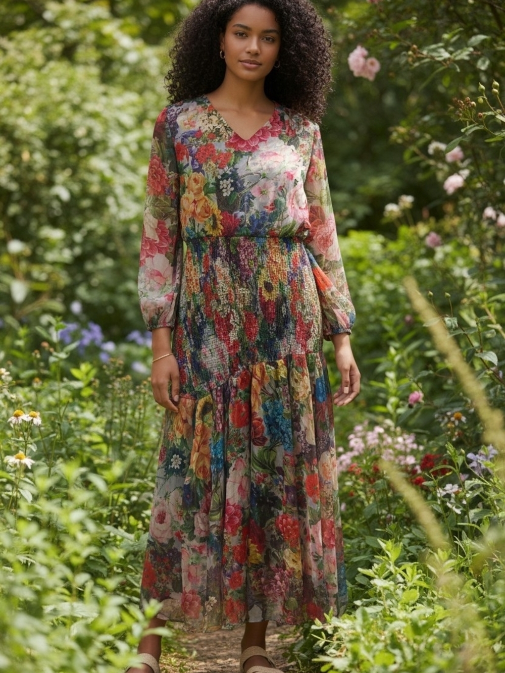 V-Neck Floral Smocked Maxi Dress in Multi-Color